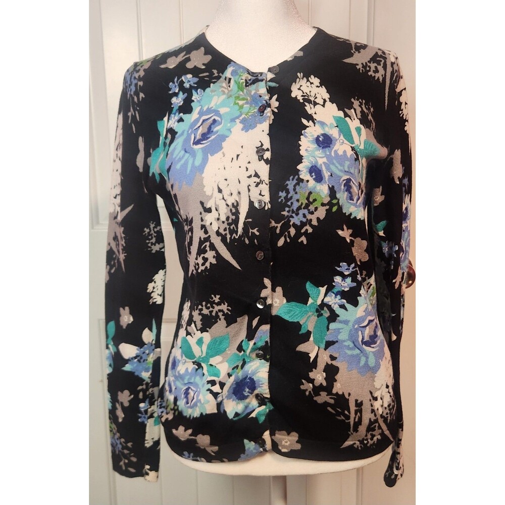Kate Hill Black Floral Cardigan Sweater Women's PS 100% Cotton